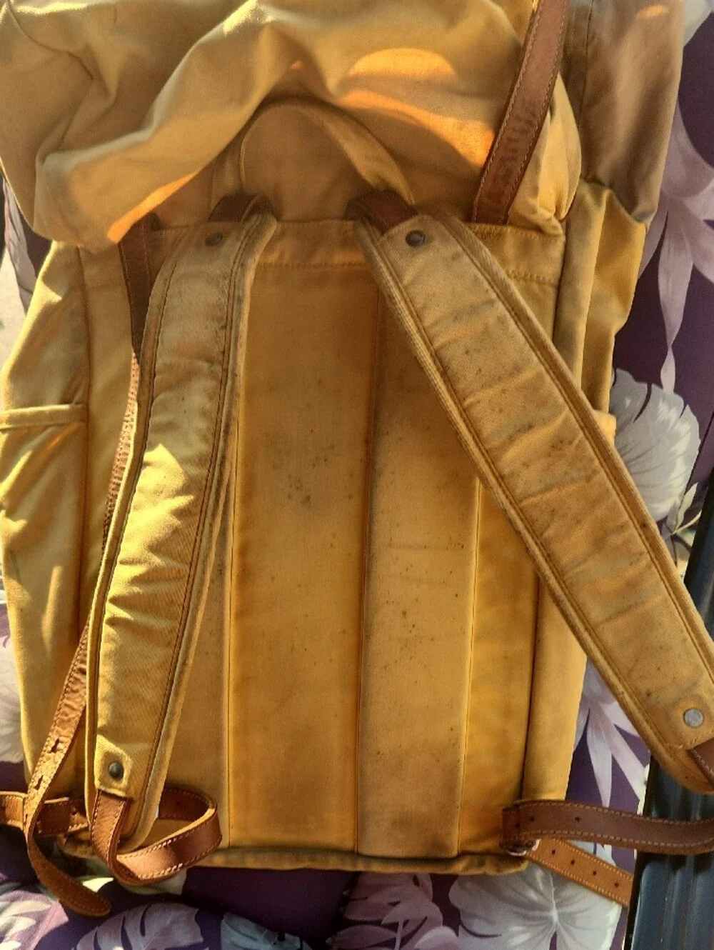 Yellow Canvas Backpack with Brown Leather Trim